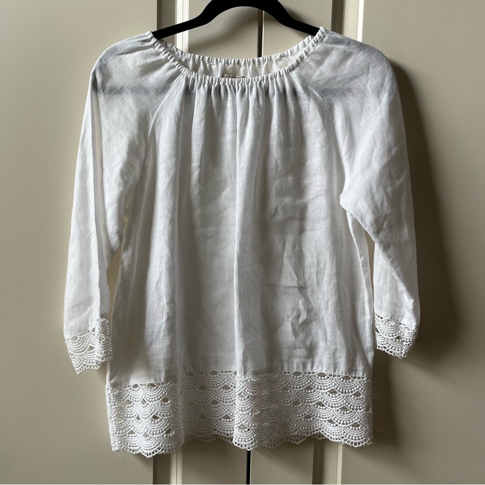 NWOT J Crew Linen White Shirt Scalloped Lace  on Hem and Sleeves size XXS